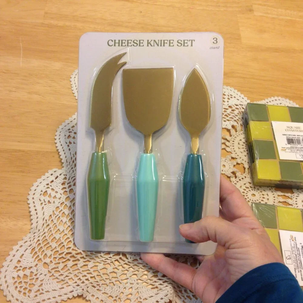 Farmhouse colors kitchen tools, cutting boards, cheese knives, coasters